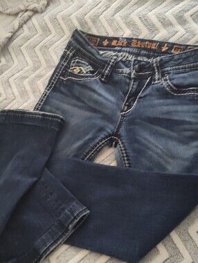 Rock Revival "Eugenia Boot" Dark Wash Denim Jeans Size 28 Fleur De Lis